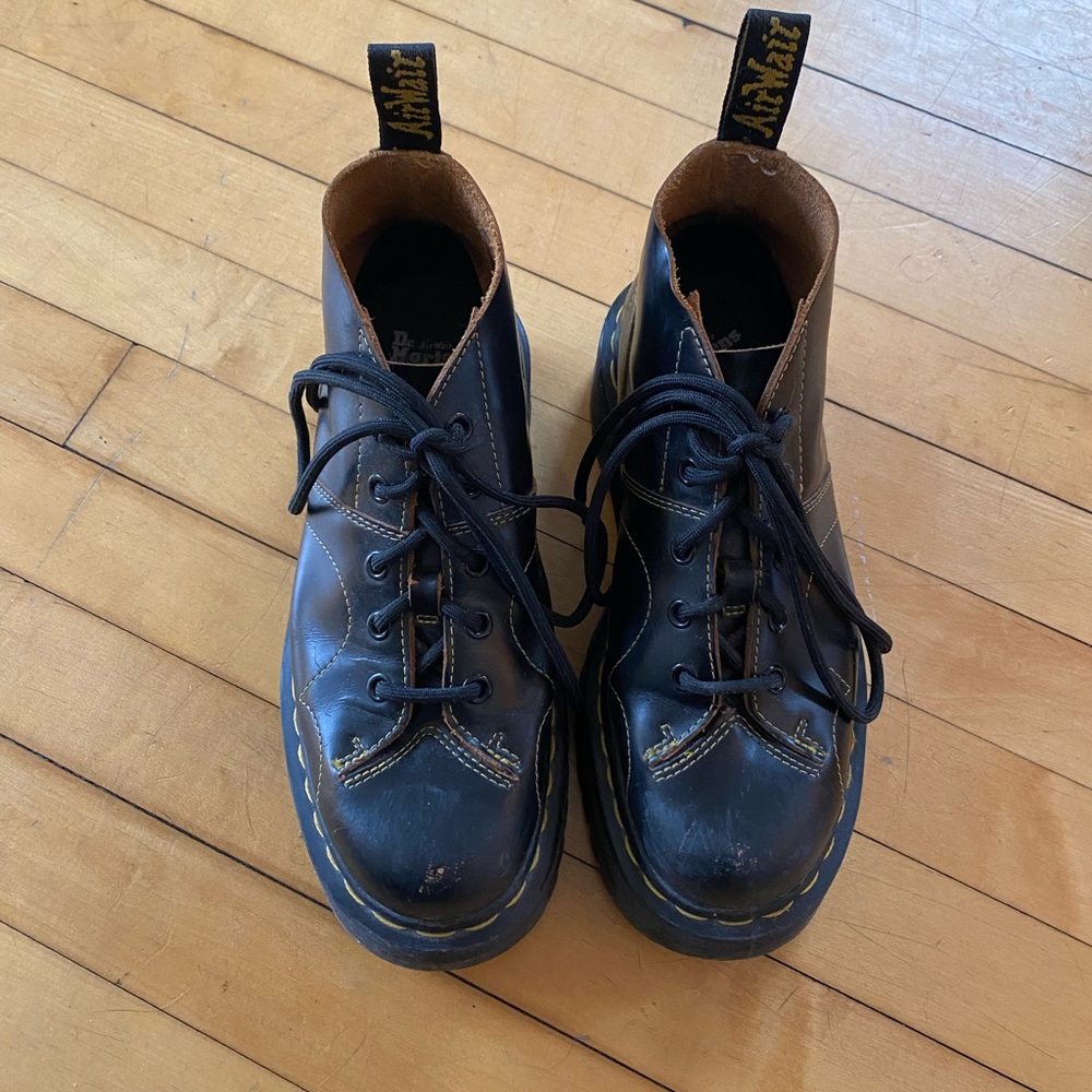 Dr. Martens Black Leather Combat Boots with Yellow Stitching
